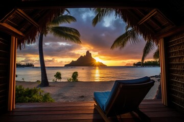 A chair sits effortlessly on top of a wooden deck, blending simplicity and functionality seamlessly, Watching the sunset from a beach cabana in Bora Bora, AI Generated