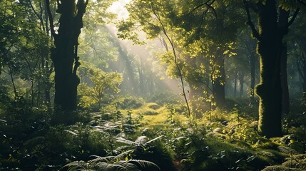 Mystical Forest Landscape with Sunbeams Piercing Through Trees and Lush Greenery