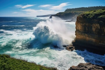 Fototapeta na wymiar Witness the power of nature as a colossal wave dramatically crashes into a breathtaking cliff near the ocean, Watching the waves crash against cliffs of the Great Ocean Road, Australia, AI Generated