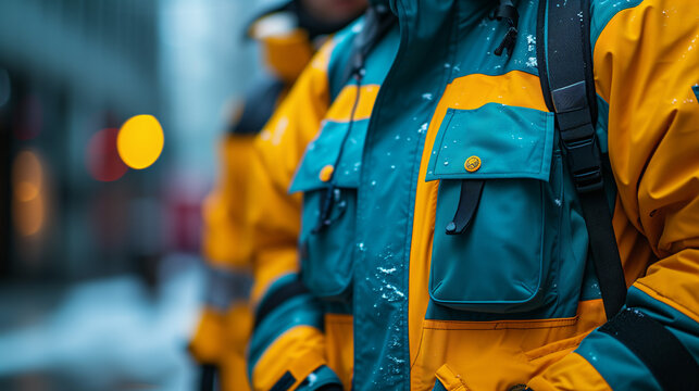 Fireman in uniform,  Bright yellow high visibility jackets, Selective blur on high visibility safety coats and jackets, personal protective equipments, Ai generated image