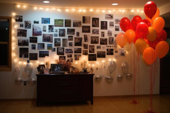 A room filled with colorful balloons and various pictures displayed on the wall, Wall lit up with a 50th birthday message, balloons, and photos, AI Generated