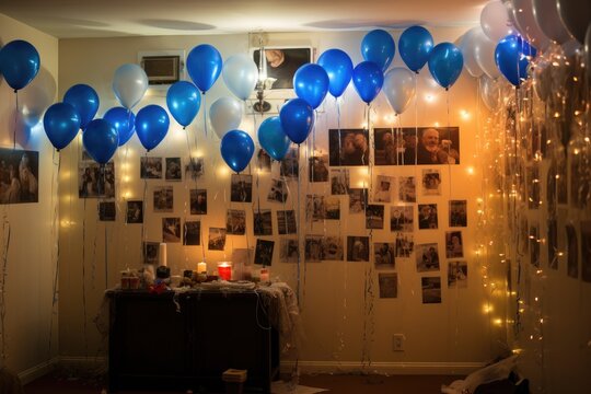 A vibrant room filled with balloons and pictures adorning the walls, Wall lit up with a 50th birthday message, balloons, and photos, AI Generated