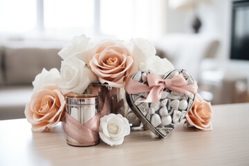 A vibrant assortment of flowers sits in a vase placed on top of a table, White, silver, and rose gold Valentine's Day gift box, AI Generated