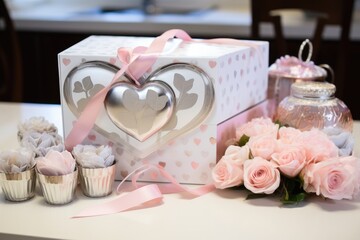 A table adorned with a delightful box of cupcakes and vibrant flowers, creating a charming setting for a joyous occasion, White, silver, and rose gold Valentine's Day gift box, AI Generated - Powered by Adobe