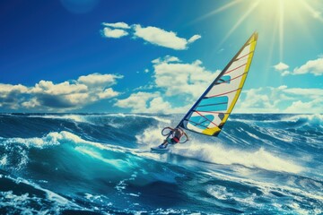 A person skillfully rides a surfboard on the ocean waves, experiencing the thrill and joy of the sport, Windsurfer gliding on the beautiful blue sea, AI Generated