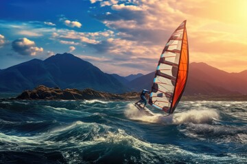 A person skillfully rides a sail board on the surface of a serene body of water, Windsurfer gliding on the beautiful blue sea, AI Generated