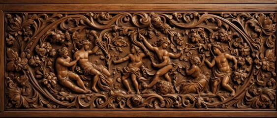 Rustic wooden with intricate carvings, Renaissance style.
