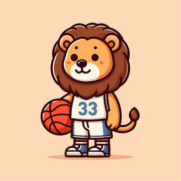 sport animal cute lion wearing a sports uniform carrying a basketball vector illustration