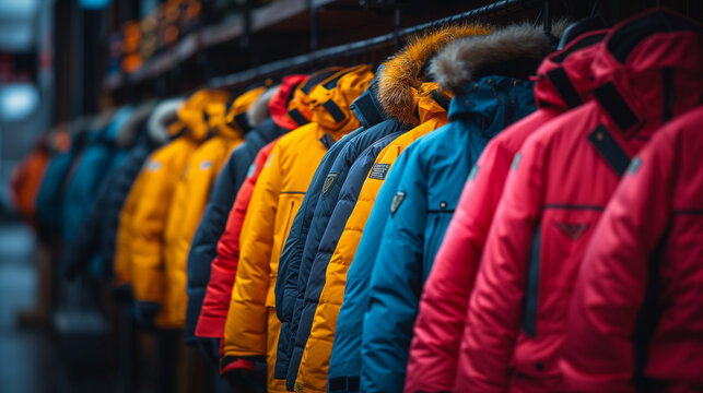 Colorful clothes on hangers,  Selective blur on high visibility safety coats and jackets, personal protective equipments, for sale outside, Ai generated image