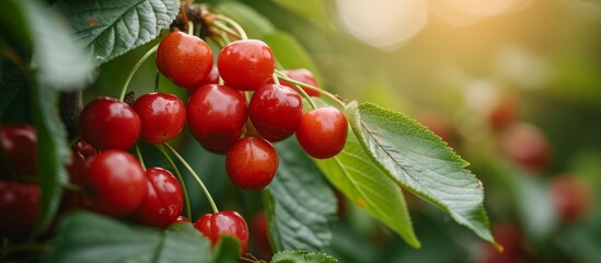 A cluster of seedless cherries, a type of fruit, hanging from a branch of a terrestrial plant. Cherries are natural foods, often used in produce and known as a staple food.