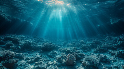 Underwater view of the sea, Underwater shot with sunrays in deep blue tropical sea, Abstract image...