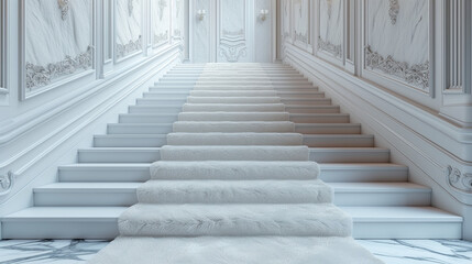 Staircase in the house, White carpet and ceremonial VIP staircase. VIP luxury entrance with White carpet, Ai generated image 