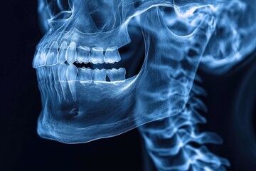 This photo displays a blue x-ray image of a human skull, showing the intricate details of the teeth, 3D face X-ray showing the human mandible and maxilla, AI Generated - obrazy, fototapety, plakaty