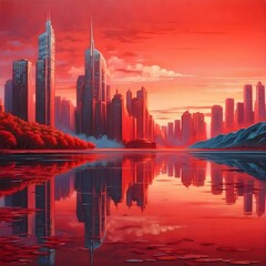 In a vividly surreal composition, a utopian cityscape of tall, luminescent buildings gleams against a blood-red sky, mirroring in a still, crystalline lake. Generative AI