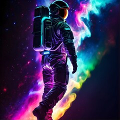 high quality, highly detailed, Colorful Astronaut silhouette neon, Space art, beautiful silhouette, Electronic devices such as a very light gray PC in the background, ultra detailed Gen