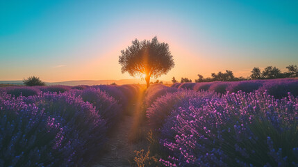 Sunset Over Lavender Fields: Breathtaking Landscape of Purple Lavender Rows with Golden Sunlight, Serene Nature Scenery for Relaxation and Agritourism Background