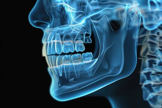 This x-ray image shows a clear view of a human mouth and teeth, 3D face X-ray showing the human mandible and maxilla, AI Generated