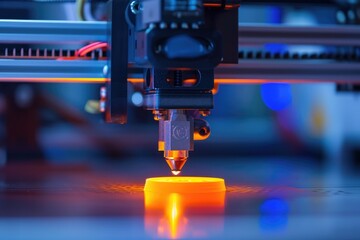 A machine in full operation on a yellow object, demonstrating its functionality and effectiveness, 3D printer in the process of creating an object, AI Generated