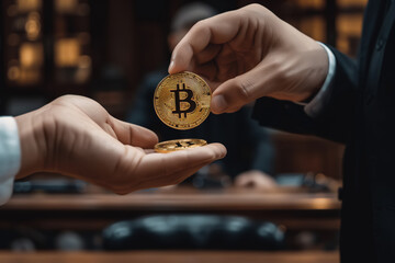 Close up person enigmatically bestows another person with a bitcoin, a symbolic transfer of digital power and possibilities