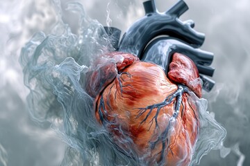 A heart shape made of some material floating in a body of water with a lot of water surrounding it, 3D visualization of a heart, AI Generated