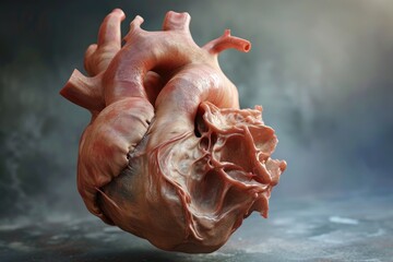 An image of a human heart resting on a table, depicting the intricate anatomy of this vital organ, 3D visualization of a heart, AI Generated
