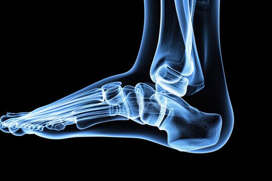 X-Ray Image of a Foot With Bones, Anatomy, Structure, and Medical Diagnosis, 3D view of a human ankle as seen through an X-ray, AI Generated