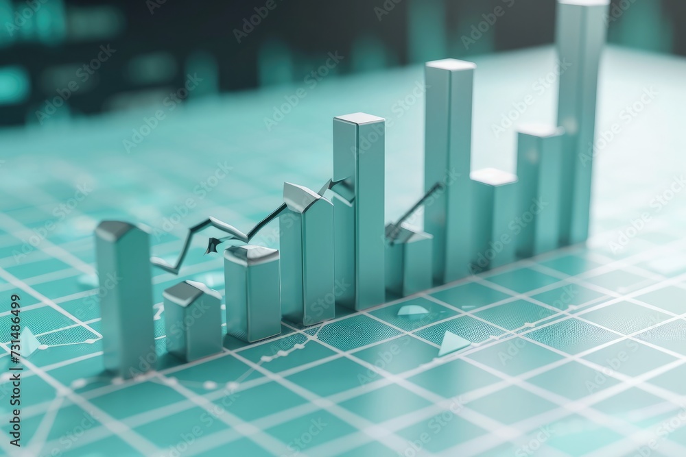 Poster a bar chart displayed on a table, representing data in a visual format, a 3d bar graph descending to