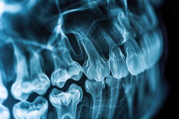 This blue x-ray image provides a clear and detailed view of a tooth, offering insights into dental health, 3D X-ray representation of human teeth, AI Generated - obrazy, fototapety, plakaty