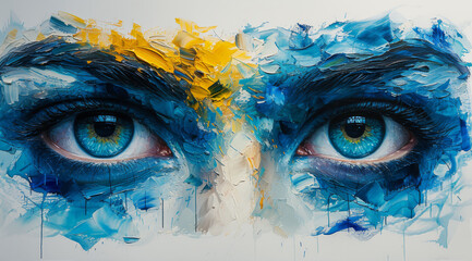 Close-up painting of expressive eyes with heavy blue and yellow textured brush strokes - obrazy, fototapety, plakaty