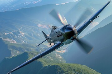 Witness the breathtaking sight of a small airplane gracefully flying over a stunning mountain range, A 1940's vintage fighter aircraft in flight, AI Generated