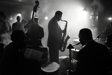 A collection of individuals passionately playing various musical instruments in a darkly lit room, A 1950s era jazz band performing in a smoky club, AI Generated - obrazy, fototapety, plakaty