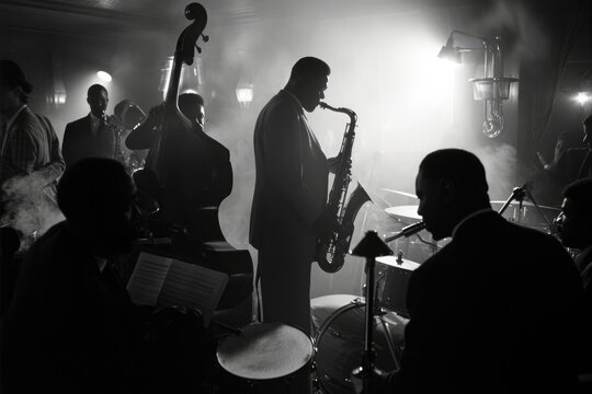 A collection of individuals passionately playing various musical instruments in a darkly lit room, A 1950s era jazz band performing in a smoky club, AI Generated