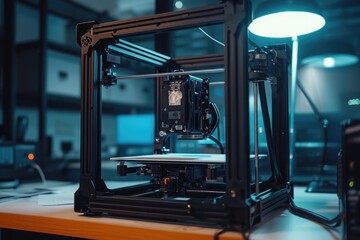 A 3D printer is stationed on top of a table, prepared for immediate use, A 3D printer creating complex IT hardware designs, AI Generated - obrazy, fototapety, plakaty