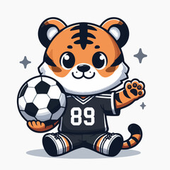 animal sport cute tiger soccer player sitting carrying a ball wearing a jersey vector illustration