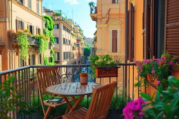 A cozy balcony featuring a simple yet inviting setup of a table and chairs, A balcony setting overlooking the bright and bustling streets of Rome, AI Generated