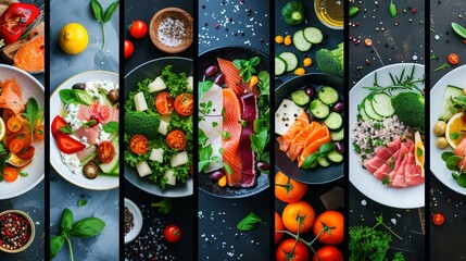 Photo collage of dietary dishes and healthy food. A set of dishes in plates. Photo banner for a food site