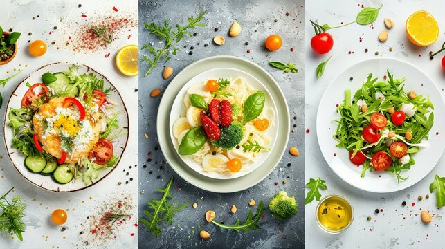 Photo collage of dietary dishes and healthy food. A set of dishes in plates. Photo banner for a food site