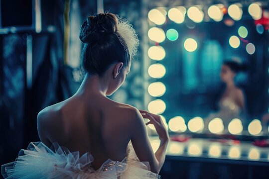 A woman wearing a white dress gazes at her own reflection in the mirror, A ballerina preparing backstage before her performance, AI Generated