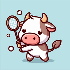 sport animal cute cow playing tennis with net racket vector illustration vector illustration