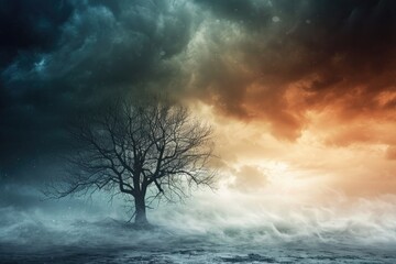 Fototapeta premium A lone tree stands resolute in the midst of a turbulent storm, defying natures forces, A barren tree standing tall amid a storm's fury, AI Generated