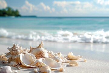 A collection of seashells lying on the sandy shores of a beach, forming an enchanting arrangement, A beach themed wedding background with a stunning ocean view and seashells, AI Generated
