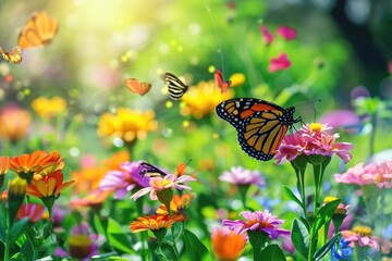 A picturesque field teems with butterflies and a variety of eye-catching, vibrant flowers, A beautiful butterfly garden with flowers in full bloom and butterflies fluttering about, AI Generated