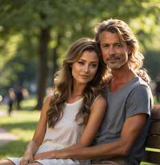 Fototapeta premium Middle aged couple sitting on a wooden bench in a park on a sunny day