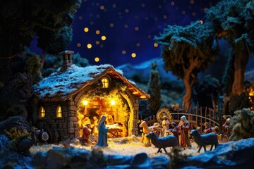 A nativity scene featuring a manger with a baby Jesus, representing the traditional biblical story of the birth of Christ, A beautiful Christmas nativity scene in a glistening night, AI Generated