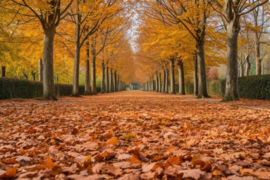 A picturesque fall scene featuring a tree-lined street adorned with a carpet of colorful leaves, A beautiful carpet of autumn leaves in a tree alley in a municipal park, AI Generated