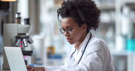 A woman scientist are using a laptop in a laboratory, health, or pathology setting to conduct an experiment.