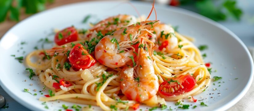 A dish of al dente stringozzi noodles with shrimp, tomatoes, and leaf vegetables served on a table.