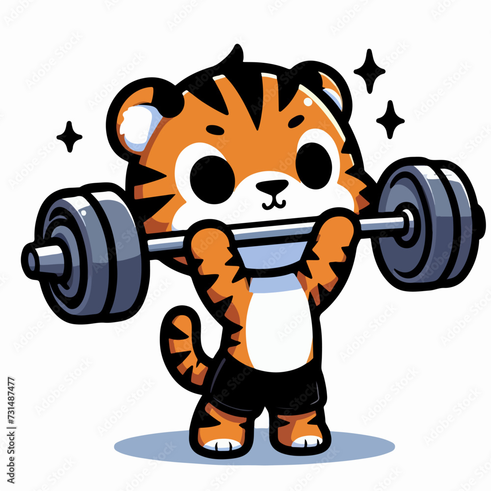 Wall mural sport animal little tiger lifting barbell vector illustration