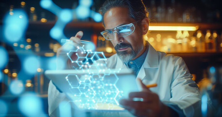 Man doctor chemist drawing a chemical structure with tablet in a laboratory, diagramming data sets to develop future natural technology. - Powered by Adobe
