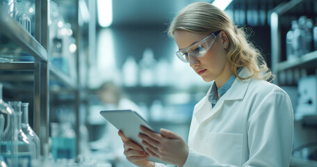 woman scientists working together on a digital tablet in a lab